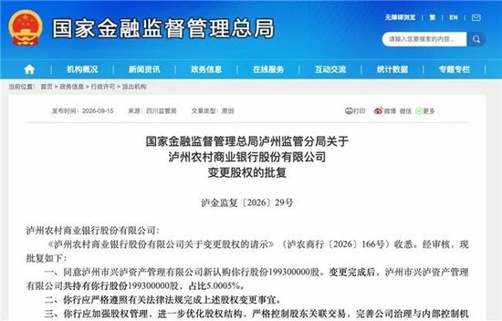 泸州农商银行获批增资至39.8亿元，泸州老窖集团	、兴泸资产认购，持股均超5%