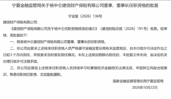 杨中仑批担任建信财险董事、董事长