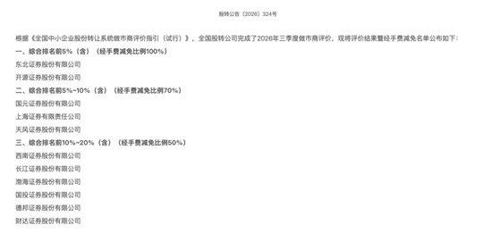 三季度做市商评价出炉， 11家券商获“减免	”资格！